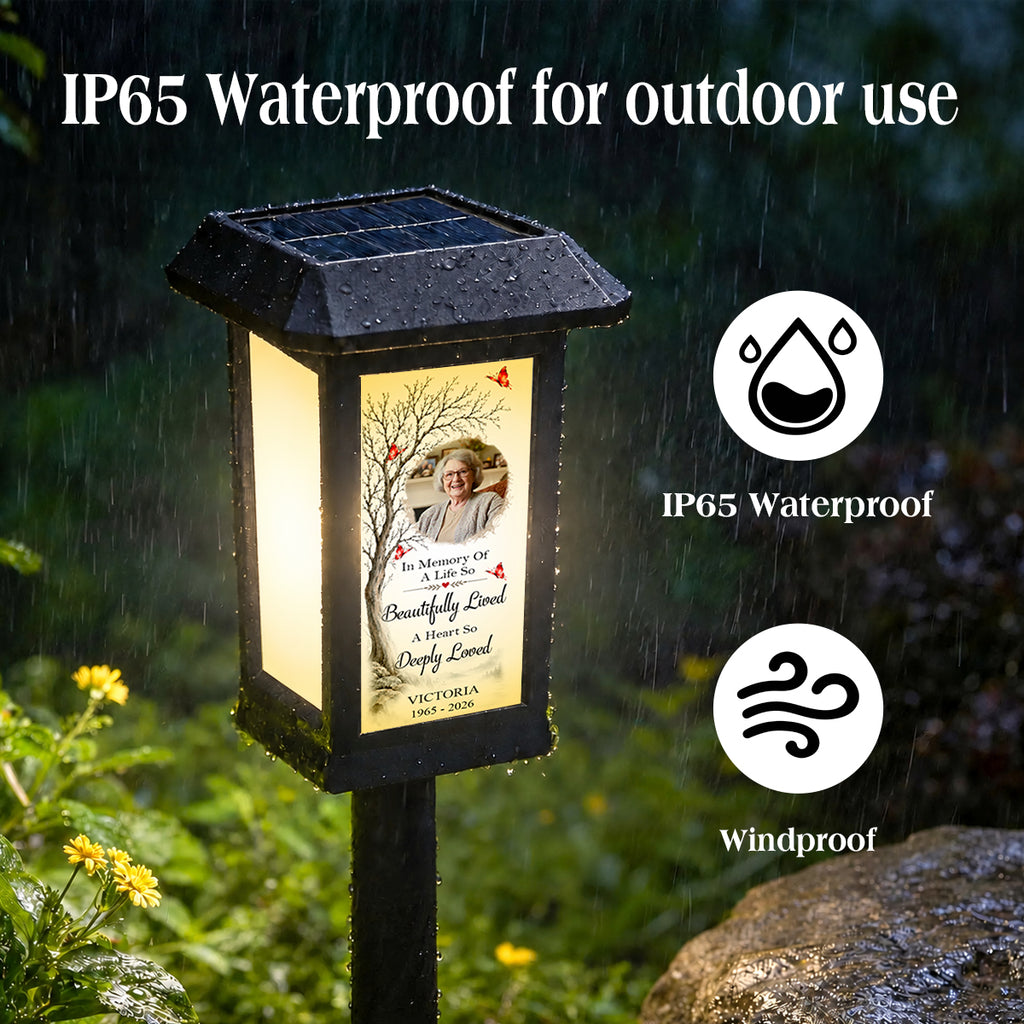 In Memory Of A Life So Beautifully Lived - Personalized Memorial Solar Garden Light - Custom Memorial Photo, Name & Year, Outdoor Garden Decoration