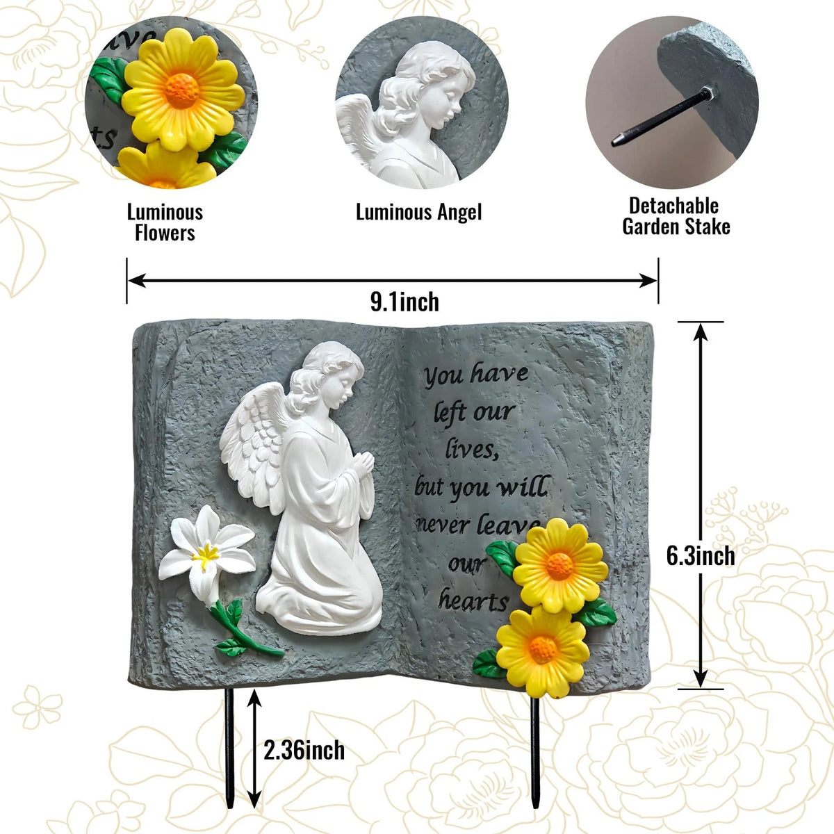 You Have Left Our Lives Solar Angel Garden Statue Lights - Waterproof Memorial Garden Book