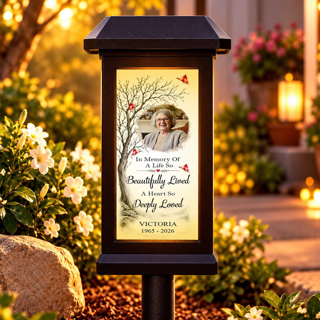 In Memory Of A Life So Beautifully Lived - Personalized Memorial Solar Garden Light - Custom Memorial Photo, Name & Year, Outdoor Garden Decoration