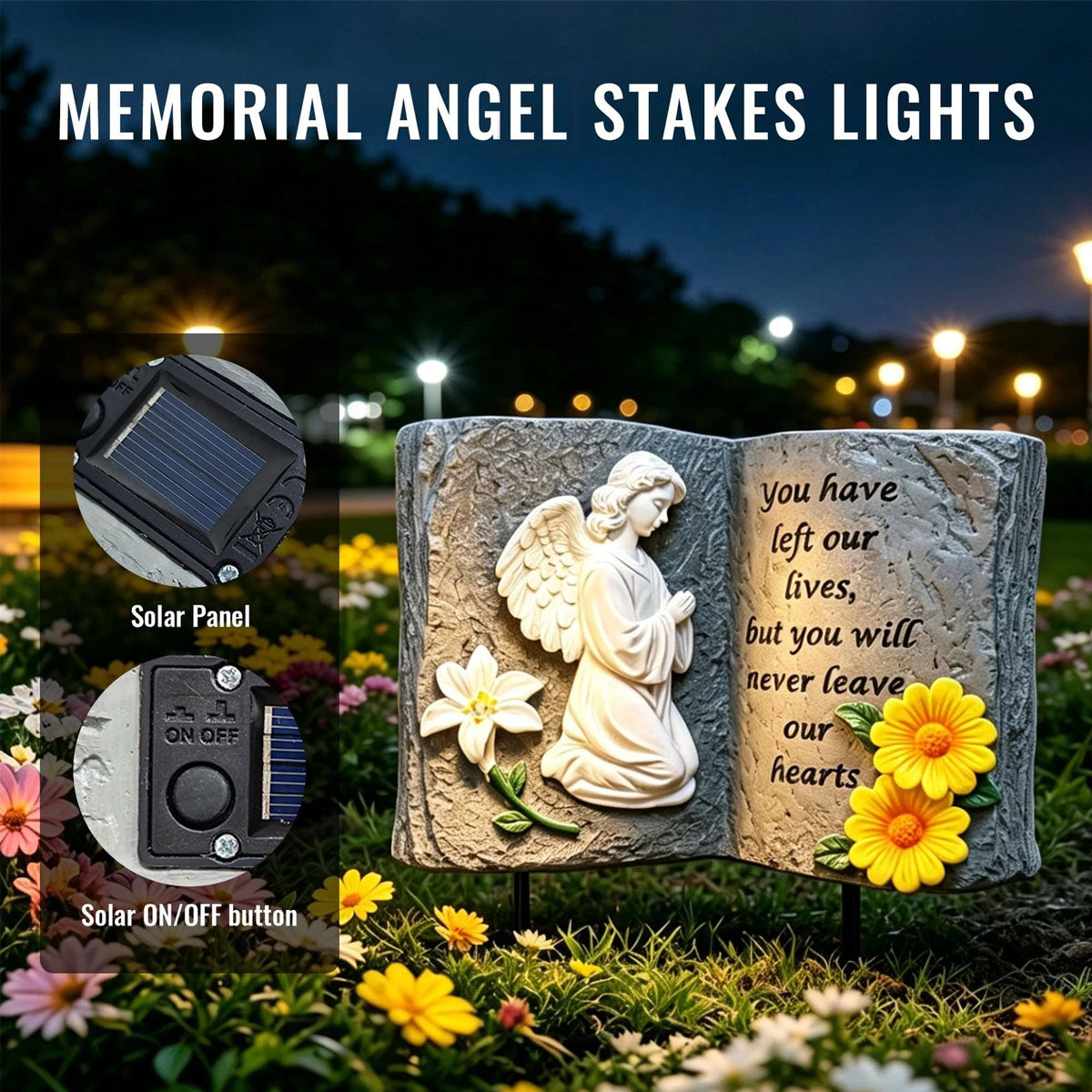 You Have Left Our Lives Solar Angel Garden Statue Lights - Waterproof Memorial Garden Book