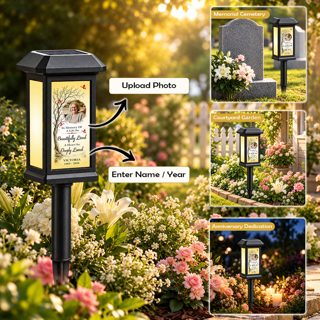 In Memory Of A Life So Beautifully Lived - Personalized Memorial Solar Garden Light - Custom Memorial Photo, Name & Year, Outdoor Garden Decoration