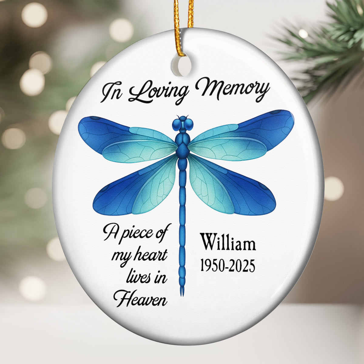 A Piece Of My Heart Lives In Heaven Dragonfly Sea Glass Style - Personalized Ceramic Ornament