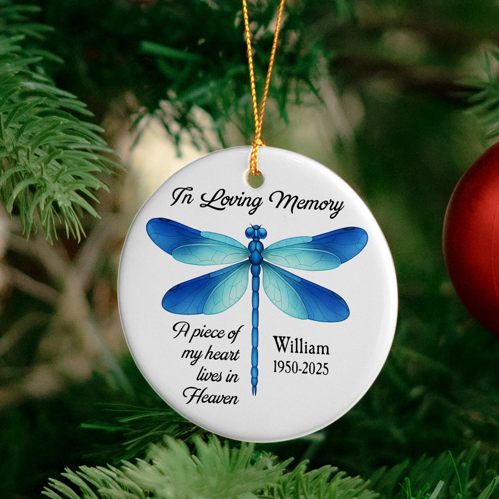 A Piece Of My Heart Lives In Heaven Dragonfly Sea Glass Style - Personalized Ceramic Ornament