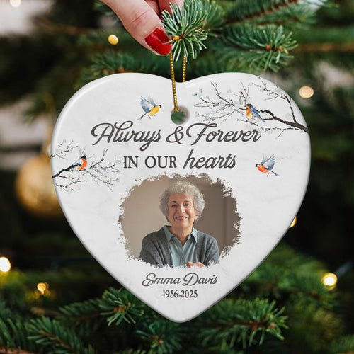 Always & Forever In Our Hearts Christmas Ornament - Personalized Ceramic Photo Ornament