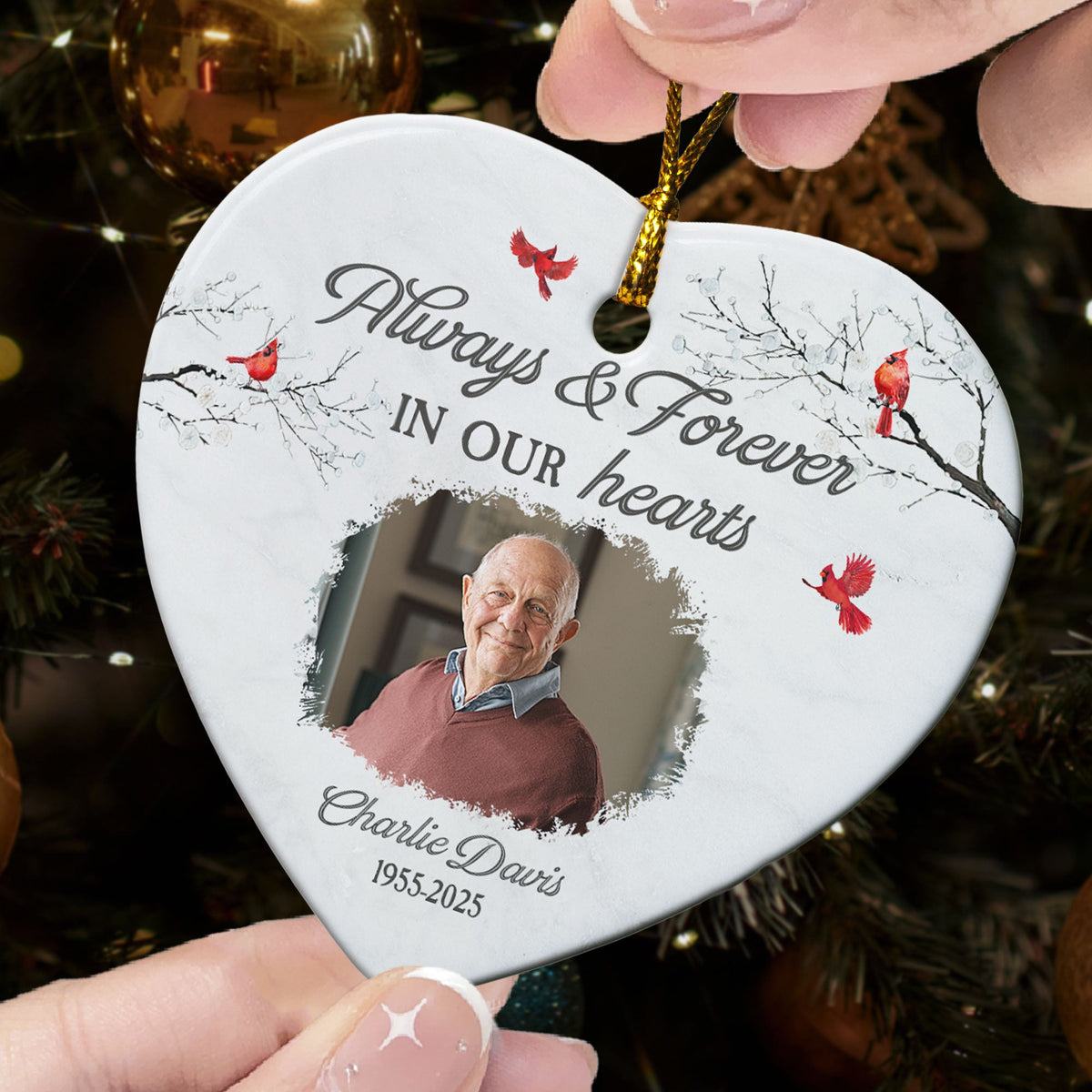 Always & Forever In Our Hearts Christmas Ornament - Personalized Ceramic Photo Ornament