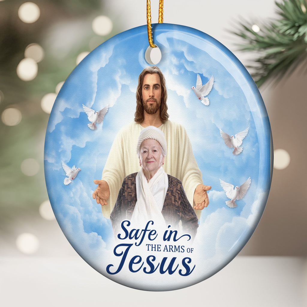 Safe In The Arms Of Jesus Memorial Christmas Ornament - Personalized Ceramic Photo Ornament